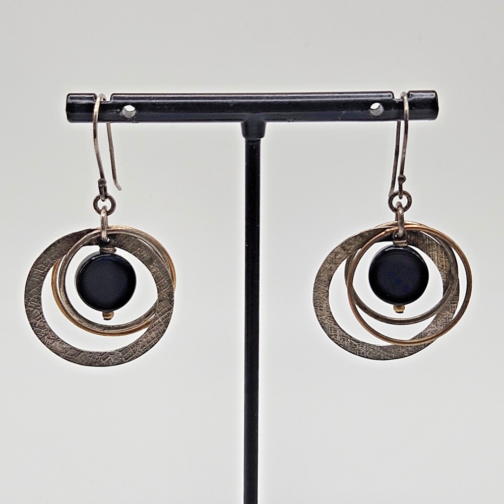 Sterling Silver Triple Circle Earrings Black Onyx Dangle Drop 925